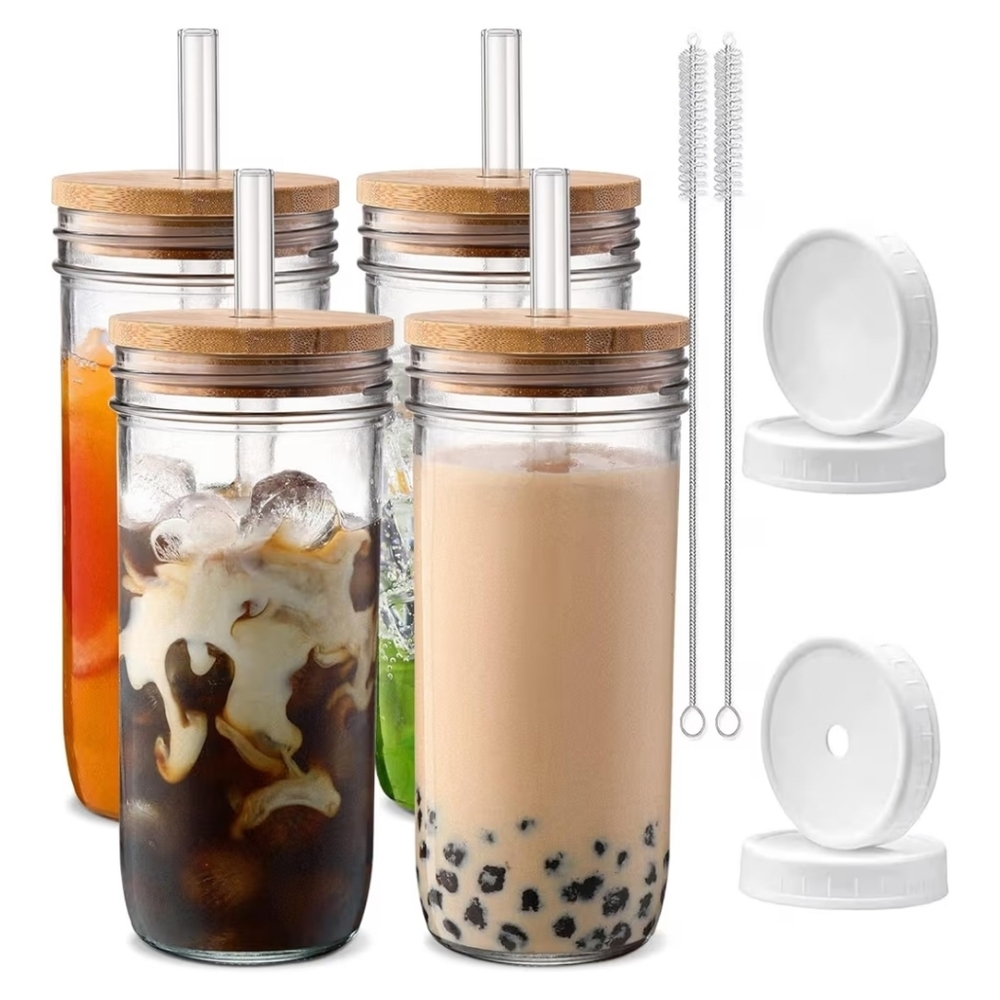 DWTS DANWEITESI Glass Cups with Lids and Straws,24 oz Smoothie Cup with Lid and